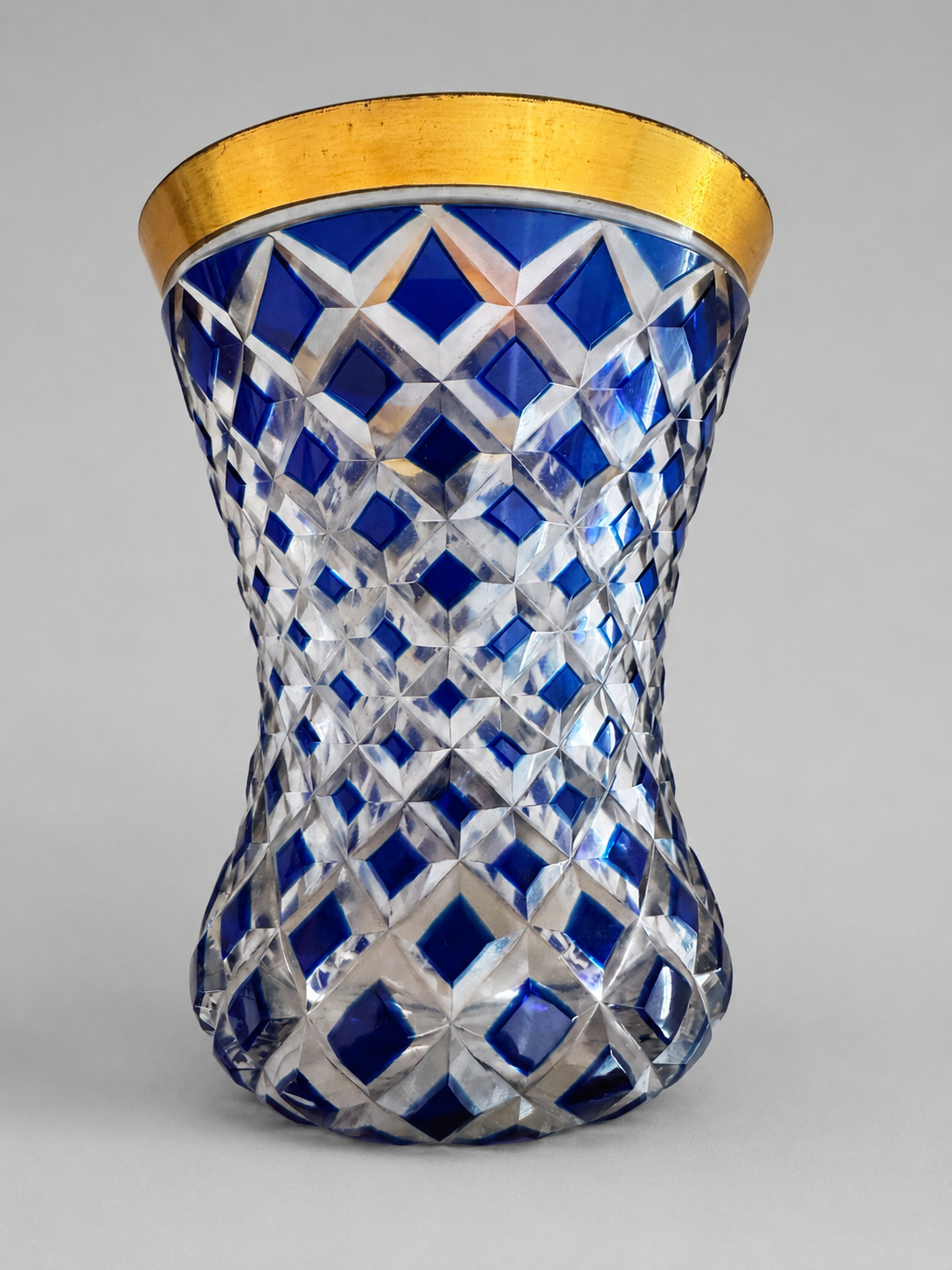 Cobalt Blue Cut-to-Clear Crystal Vase with Gold-Gilt Rim — Listing photo